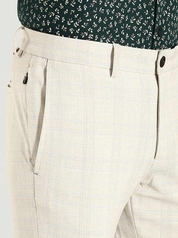 Indian Terrain Men's Slim Fit Checkered Beige Trousers
